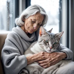 create a sleeping grey haired middle aged woman with chin length hair, sitting on a chair, in front of a window, holding her beloved gray and white tabby Oriental shorthair cat, also sleeping, in her arms. Serene peaceful calm. the snow falling outside