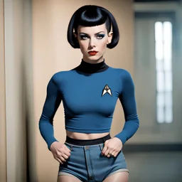 full body portrait -- an absolutely stacked, thin, petite, little female, who resembels Spock, with great big giant bazoombas, short, military-cut, buzz-cut, pixie-cut black hair tapered on the sides, wearing short sleeved, nylon, Turtleneck tube top, blue jean mini shorts, heavy, black fishnet stockings, punk rock styled, platform boots, red lipstick, dark, emo, eye makeup