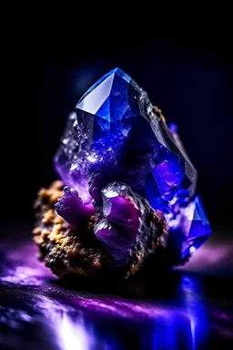 dark blue Achroite Crystal big close up stone on dark purple background