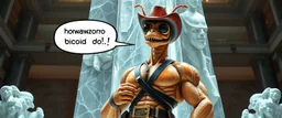 coy insect cyberpunk cowboy saying "how do you do?" brilliant detailed full figure portrait disco glittery fluffy muscle man dino anime in the style of Escher and Giger in front of dented marble tower of transparent glass statues