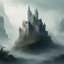 A elven castle in the mist undone and not fully formed in Naïve art style