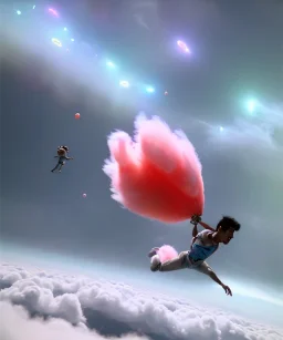 Ultra realistic speed clouds sky scene, wide angle view, strong men falling down with many Childs, circus clothing style, feather color clothing, free jumping flying, many trinkets, hair monster, many jelly beans, balls, color smoke, smile, happy, extreme, wind, clouds sea, 20,000 feet altitude, stratosphere, soft color, highly detailed, unreal engine 5, ray tracing, RTX, lumen lighting, ultra detail, volumetric lighting, 3d, finely drawn, high definition, high resolution.