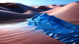 Mirrored surfaces emerging from the desert dunes, their dim, fragmented reflections evoking a sense of mystery and loss., high detail, soft pink color scheme, cold light tones, blue tones, flash light