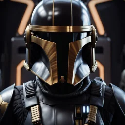 star wars bald male corellian pilot wearing dark gunmetal grey and black First Order special forces TIE pilot armored flightsuit and helmet with gold trim inside the jedi temple, centered head and shoulders portrait, hyperdetailed, dynamic lighting, hyperdetailed background, 8k resolution, volumetric lighting, light skin, fully symmetric details