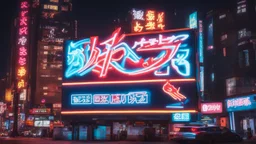 a billboard branded Odk Tokusentai in neon light, in the city center, at night.