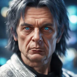 frowning david icke as cyperpunk witch hunter with dark hair, dark blue eyes and black tattoes,bokeh like f/0.8, tilt-shift lens 8k, high detail, smooth render, down-light, unreal engine,bokeh like f/0.8, tilt-shift lens 8k, high detail, smooth render, down-light, unreal engine