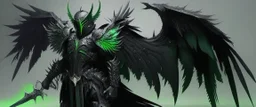 armadura negra y verde de alas negras con una lanza
