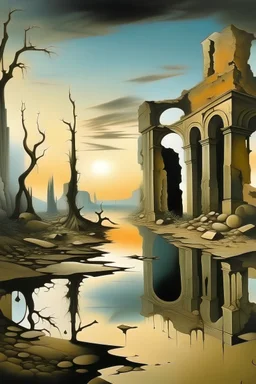 Ancient ruins in daylight painted by Salvador Dalí