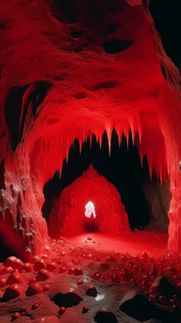 A light red cave with molten crystals painted by René Magritte