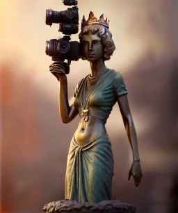 Statue of Queen of photography holding camera in hands. Cute blonde woman. Photographer in golden crown. Standing on the street. Big camera in her hand. hyperdetailed, photorealistic, trending on artstation, greg rutkowski, beksinski, kodachrome, volumetric lighting, gold and cyan