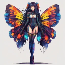 long hair, with detailed blueprints and engineering schematics of a walking hybrid Madagascan sunset moth insect girl, in anime style, drawings, 8k, vibrant natural colors, tight bodysuit, white skin, wings above sholder