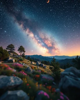 Hyperrealistic, colorful, peaceful landscape, Polaroid photo, night sky filled with galaxies, planets and stars, rocks, trees, flowers, sharp focus, 8k, deep 3d field
