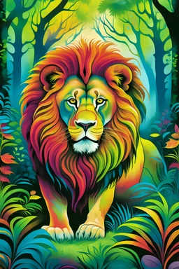 A colorful front cover book image of a full figured lion inside deep forest
