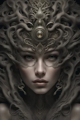 realistic photo of beautiful woman, fantasy, fine detailing, hyperdetail, complex detailing, mixed with biomechanics, ventacher filigree, well-drawn eyes, ornate detailing, perfectionism, hypermetamorphosis, super detailed skin, ultra-detailed metal, dark style, Greg Rutkowski, chamber portrait, blurry dark background, with soft lush curly warm white long hair, perfect symmetric eyes, gorgeous face, sharp focus, masterpiece, best quality, backlight removal, panoramic shot, HD result, cinematic p