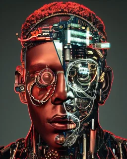 portrait of young thug as a cyborg. intricate abstract. intricate artwork. by tooth wu, wlop, beeple, dan mumford. mulholland drive by david lynch, dune by david lynch, blade runner 2049 by dennis villeneuve, patrick nagel, octane render, trending on artstation, greg rutkowski very coherent symmetrical artwork. cinematic, hyper realism, high detail, octane render, 8 k, iridescent accents