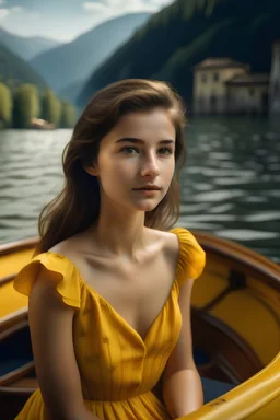 beautiful kind brunette woman, blonde highlights, hazel eyes, pale skin, no makeup, freckles, wearing a yellow dress, sitting in a boat, in lake como, italy, photorealistic, 8k, highly detailed, soft lighting,