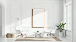 mock up poster frame and white chair on white living room.3D rendering