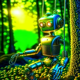 portrait of a cute 60s chat robot swinging in a rope in an underground grove, in the style of dali, 8k, down-light, soft light, depth of field, photo realism, trending on art station, high detail