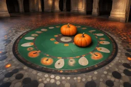 Пол, он выглядит не как обычные, каменные или с другим покрытием, а как что-то круглое, разными цветами. А точно! Колесо рулетки, как были в казино. Вокруг были тыквы, слишком подозрительные чтобы быть правдой и излучали пламя зеленого или обычного, привычного цвета. Так же в склепе были пару Хэллоуинских декораций что напоминали саму суть праздника, в левой стороне, а по правую сторону, Рождественские? В центре было пугало