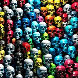 ANATOMICALLY CORRECT digital photograph of wall of multicolored SKULLs OF disney characters with fine line, highly detailed, high resolution, 8k 3d, vray, horrorcore, vivid, bright