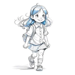 Happy little girl going to school Pencil sketch