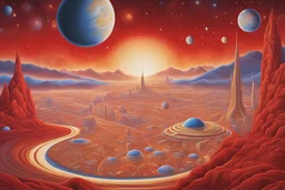 red, gold, white planetary landscape with stars, galaxies, planets, and a futuristic town in the illustrated style of Alex Grey