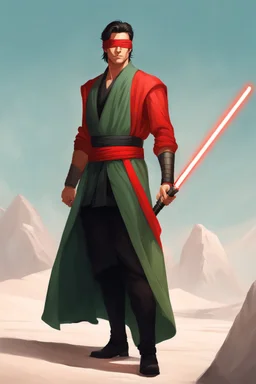 Red Blindfold, Male Tan Human, Very Long HairLong Black Hair, Peaceful pose, Red Fancy Lightsaber With a Crossagurd