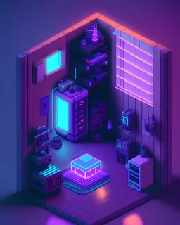 Detailed isometric room, neon, videogame, pixel art, violet robot, unreal engine voxel render