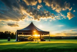 a big open disko stage in country side environment ,green field , at distance,blue sky pretty clouds ,sunset ,golden hour.