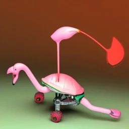 A anthropomorphic turtle riding a robotic flamingo in 3d