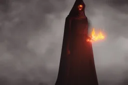 Cloaked woman holding fire, Dark moody night atmosphere, 8K, high body details, anatomically perfect bod