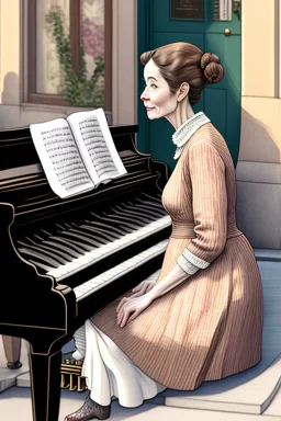 One single mature cat lady playing piano on the street, Vienna, fiacre, friendly, model style, hyper realistic, extremely accurate, delicate, extremely detailed, Graphic novel style, wide-angle, open aperture, superfine pencil