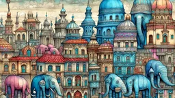 Whimsical cityscape panorama featuring ornate buildings atop majestic elephants. Elaborate, multi-storied houses, reminiscent of Victorian architecture, are meticulously detailed with various architectural styles and colors; pastel yellows, deep reds, teal blues, and muted purples. The structures are intricately connected and seemingly transported by large, detailed elephants adorned with colorful fabrics and metallic accents. A small, dark-haired, human figure is seated on a second-story tur