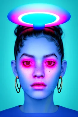 Ultra Realistic image, Rosalía artist, waist up portrait, black eye line, angry face , gold pink and blue geisha style, spray line make up, geometric, led lights, neon, rings piercing, led ornament, fog, bubble latex coat, vibrant color, highly detailed, art stations, concept art, smooth, unreal engine 5, god rays, ray tracing, RTX, lumen lighting, ultra detail, volumetric lighting, 3d, finely drawn, high definition, high resolution.