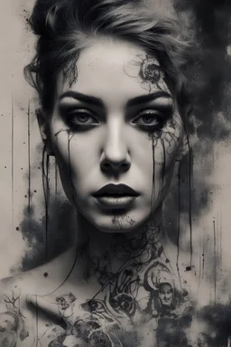 Portrait of a female beauties, expressive eyes, tattoos, attitude, sultry, pictorialism, dystopian, grim dark, goth, chiaroscuro, contrast, surrealism, gritty background, , grunge, graffiti, neo-expressionist , Russ Mills, Ian Miller