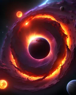 A solar system tightly orbiting a black hole, destruction, terror, ripping apart, colorful, dark, ominous, beautiful abyss, vivid, 8k 3d, vray, highly detailed matte painting, action, concept art, phoptorealistic, dozens of brightly lit rings of destroyed orbiting bodies, perfect circles purples, reds, black, yellow and orange