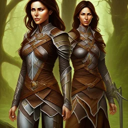 dungeons and dragons, female wood elf, druid, brown hair, brown eyes, full body, realistic face, short hair, large nose, closed mouth, leather armor, dark skin, one person