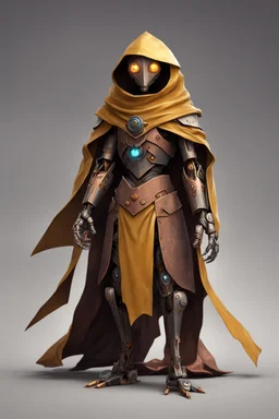 slim copper robot, dungeons and dragons, yellow eyes, wearing cloak