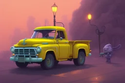 a study of cell shaded cartoon of a yellow truck on a country road, street lamps, road, illustration, wide shot, subtle colors, post grunge, concept art by josan gonzales and wlop, by james jean, victo ngai, david rubín, mike mignola, laurie greasley, highly detailed, sharp focus, alien, trending on artstation, hq, deviantart, art by artgem