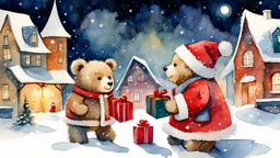 merry little teddy bear Santa Claus giving presents to (multiple: 1.8) teddy bear cub kids in a snowy winter town in the night, 1963, watercolor, (style of Gabriel Pacheco:1.3), semi-side view, magic winter vibe