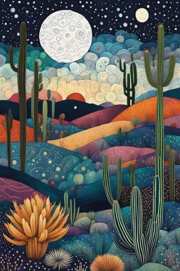 random color Zentangle patterns in the styles of Gustav Klimt ,Wassily Kandinsky, Paul Klee, and Kay Nielsen that depicts a moonlit desert cactus forest with fine ink outlining