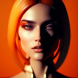 A beautiful portrait of a cute cyberpunk woman orange color scheme, high key lighting, volumetric light high details with white stripes and feathers and celtic paterns