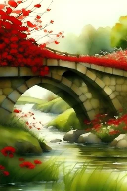 Vista lateral de un puente sobre un arroyo, flores rojas en la orilla, fantasía medieval, alto nivel de detalles, dibujo en acuarelas