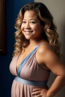 Gina Rodriguez in transformed state, naturally blonde curls, radiant glow, dress perfectly fits, accentuating ample pregnancy curves, nine-month pregnant silhouette, facial features refined, serene expression, maternally radiant. The maternity dress elegantly drapes over her transformed figure, emphasizing the curves and the pronounced pregnancy. The enchantment complete, Gina stands as a vision of maternal beauty, embodying the essence of a 25-year-old, six-month-pregnant woman within the magic