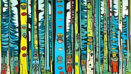 A mint colored forest with insects designed in pacific Northwest totem poles painted by Roy Lichtenstein