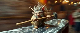 hårete gremlin artist player hurtig snegle med vind i håret på fest med stor slegge aker ned sklie av marmor malt av Rembrandt, motion blur background