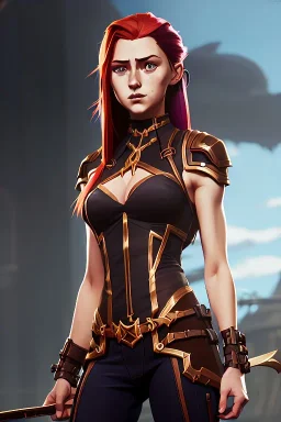 concept illustration, ultra-realistic, super-detailed, strikingly beautiful teen female, 16 years old, long ginger hair, medium freckles, full lips, full body, full face, b-cup breasts, athletic, centred camera, ignore NSFW, skimpy brown armor, halter top, thong, stern expression