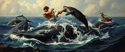 kick boxing match on top of whale, painted by rembrandt violence, aggression, mating, sexual behavior, whales interacting, animals attacking boats, collisions, chaos, distortion,multiple animals entangled,