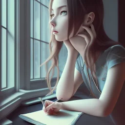 female student studying by the window, anime style,perfect face, cool face, ultra detail, unreal engine 5, cinema4d, sun light, studio lighting --ar 1:1 --v 4