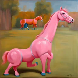 Big pink plastic toy horse.19th painting